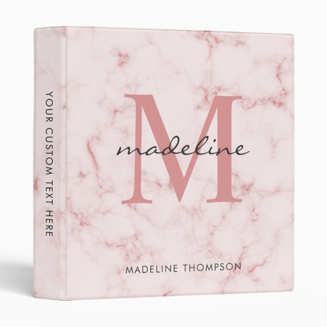 Modern Rose Gold Pink Marble Monogram Binder (Front/Spine)