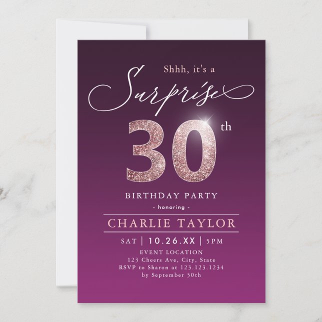 Modern rose gold purple surprise 30th birthday invitation (Front)