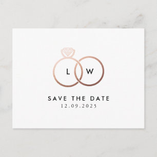 Modern Rose Gold Ring Monogram Save the Date Postcard