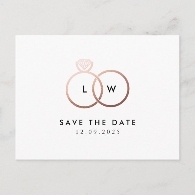 Modern Rose Gold Ring Monogram Save the Date Postcard (Front)