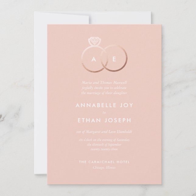 Modern Rose Gold Rings Blush Wedding Invitation (Front)