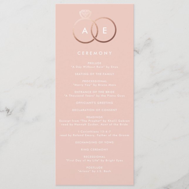 Modern Rose Gold Rings Blush Wedding Program (Front)