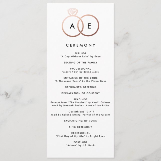 Modern Rose Gold Rings Custom Wedding Program (Front)