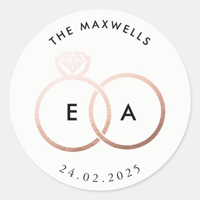 Modern Rose Gold Rings Custom Wedding Sticker (Front)