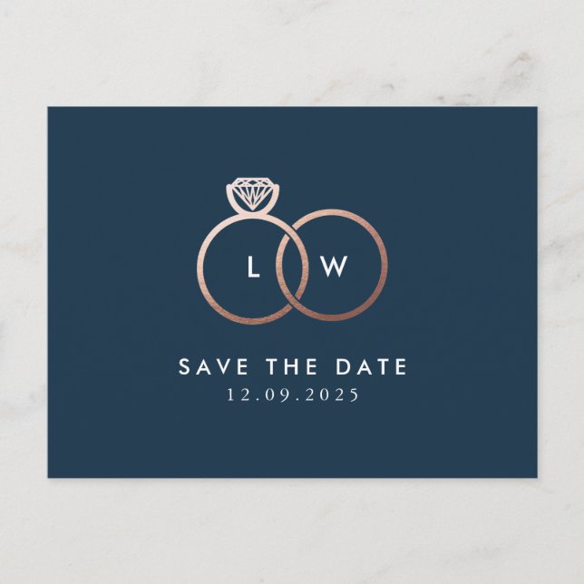 Modern Rose Gold Rings Monogram Navy Save the Date Postcard (Front)