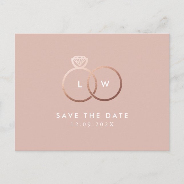Modern Rose Gold Rings Monogram Save the Date Postcard (Front)
