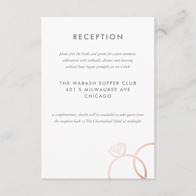 Modern Rose Gold Rings Wedding Reception Card (Front)