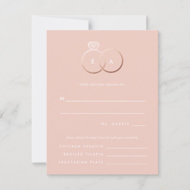 Modern Rose Gold Rings Wedding RSVP Reply Card (Front)