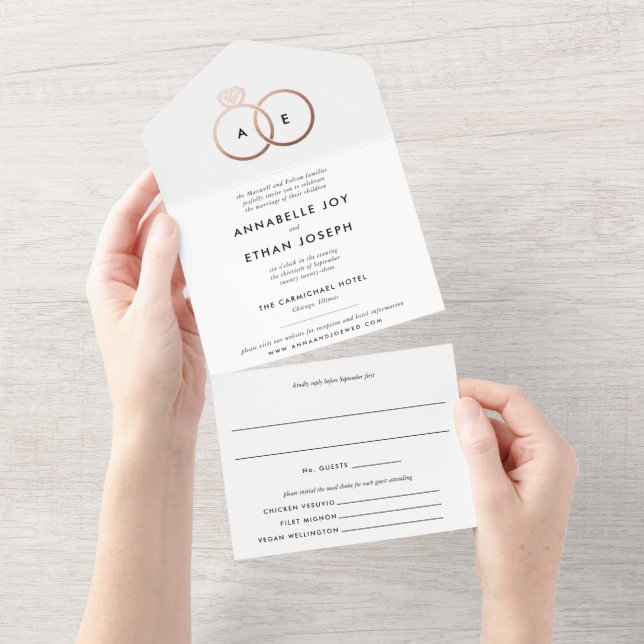 Modern Rose Gold Rings White Wedding All In One Invitation (Tearaway)