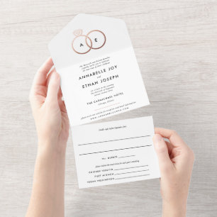 Modern Rose Gold Rings White Wedding All In One Invitation