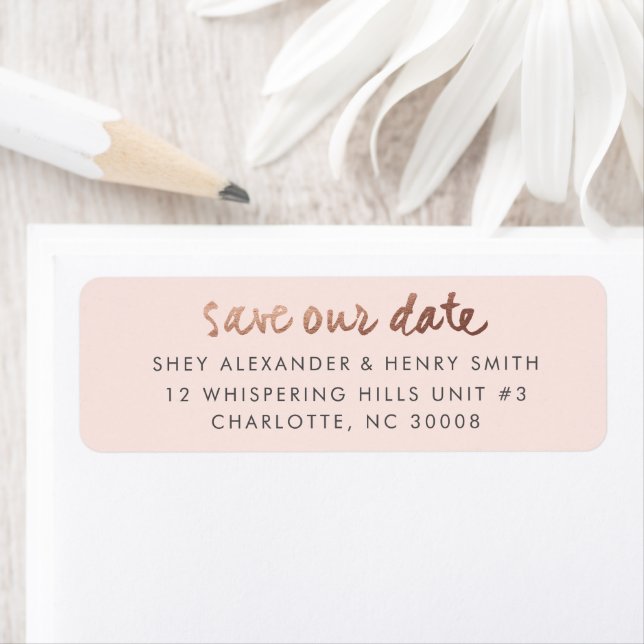 Modern rose gold save the date pink return address (Insitu)