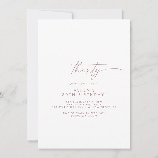 Modern Rose Gold Script 30th Birthday Party Invitation (Front)