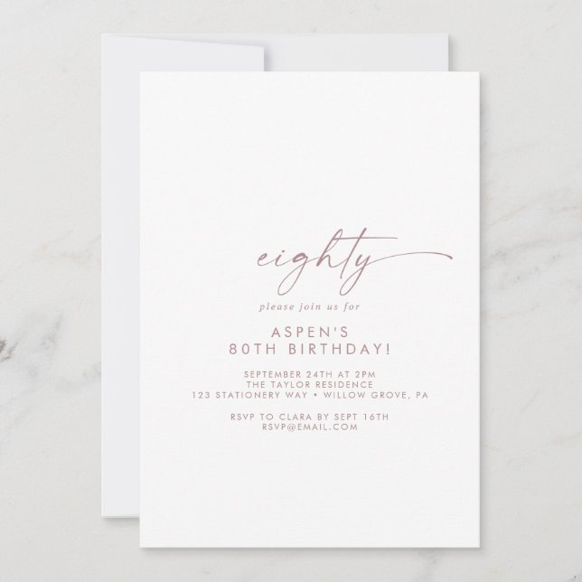 Modern Rose Gold Script 80th Birthday Party Invitation (Front)