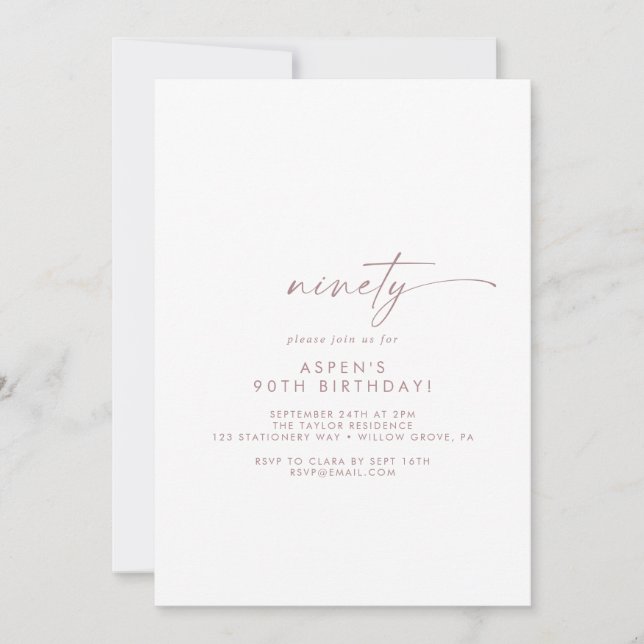 Modern Rose Gold Script 90th Birthday Party Invitation (Front)