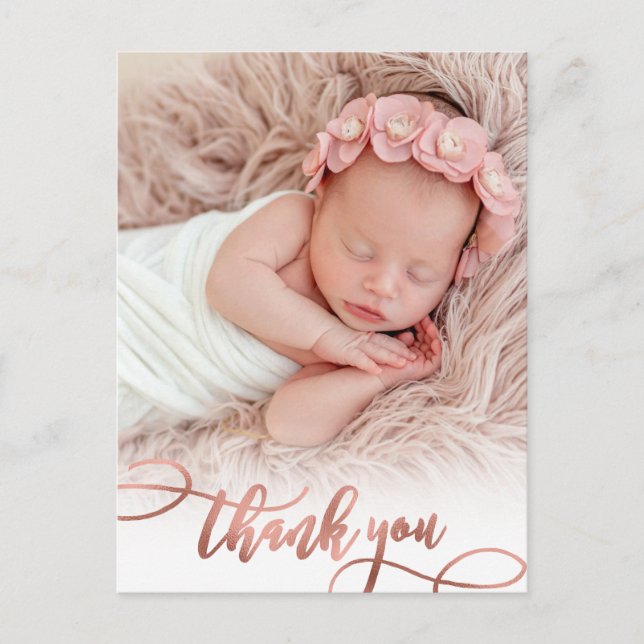 Modern Rose Gold Script Baby Girl Photo Thank You  Postcard (Front)