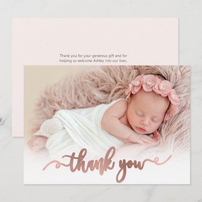 Modern Rose Gold Script Baby Photo Thank You Card (Front/Back)