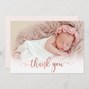 Modern Rose Gold Script Baby Photo Thank You Card