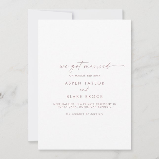 Modern Rose Gold Script Elopement Announcement (Front)