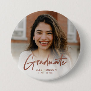 Modern Rose Gold Script Graduate Photo 3 Inch Round Button
