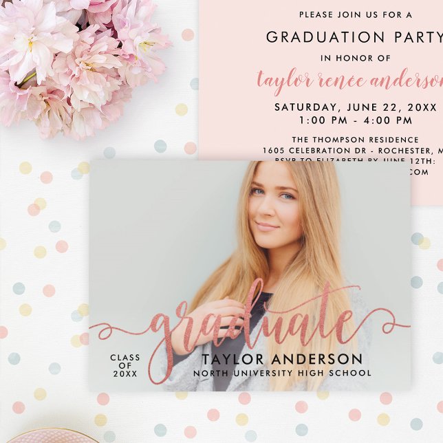 Modern Rose Gold Script Graduate Photo Graduation Invitation (Creator Uploaded)
