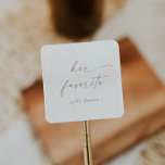 Modern Rose Gold Script Her Favourite Wedding Favo Square Sticker<br><div class="desc">These modern rose gold script her favourite wedding favour stickers are perfect for a minimalist wedding. The simple blush pink rose gold colour design features unique industrial lettering typography with modern boho style. Customizable in any colour. Keep the design minimal and elegant, as is, or personalize it by adding your...</div>