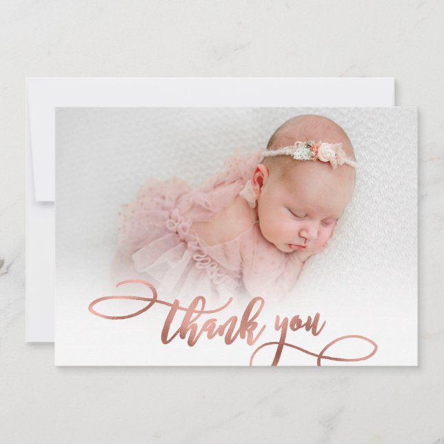 Modern Rose Gold Script New Baby Photo Thank You (Front)