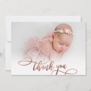Modern Rose Gold Script New Baby Photo Thank You
