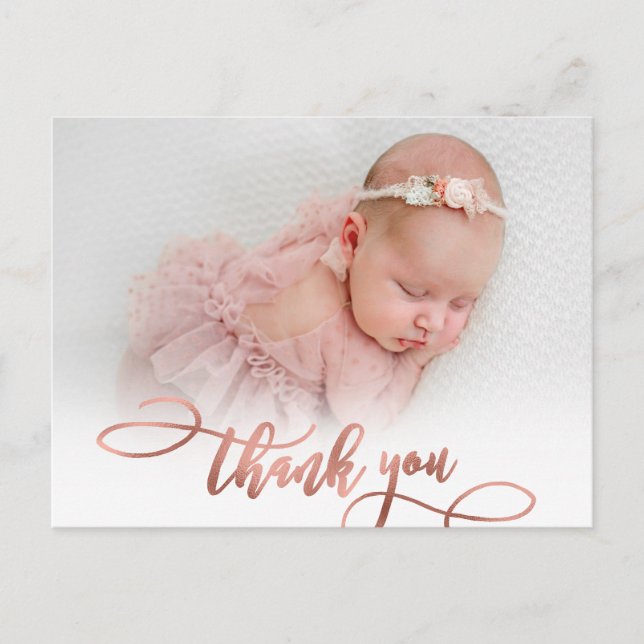 Modern Rose Gold Script New Baby Photo Thank You Postcard (Front)
