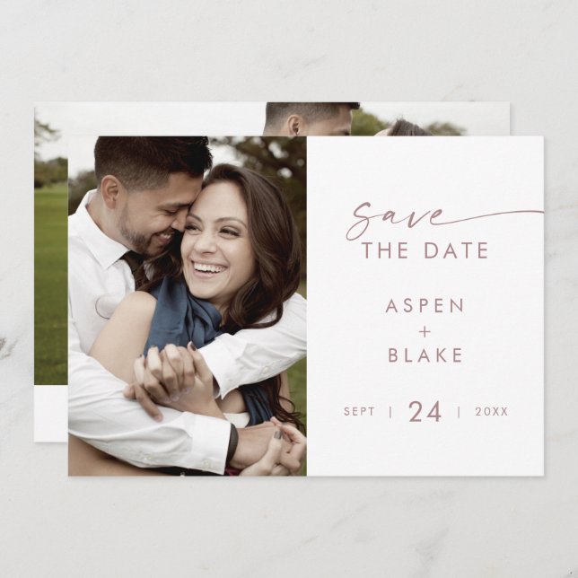 Modern Rose Gold Script Photo Save The Date (Front/Back)