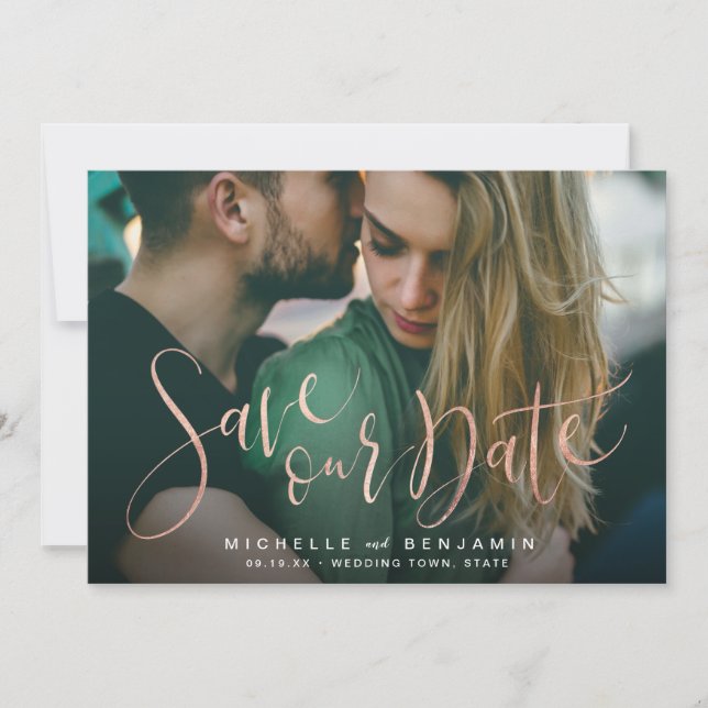 Modern rose gold script photo save the date (Front)