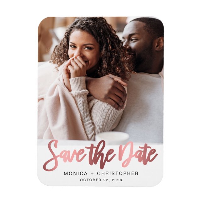 Modern Rose Gold Script Photo Save The Date Magnet (Vertical)