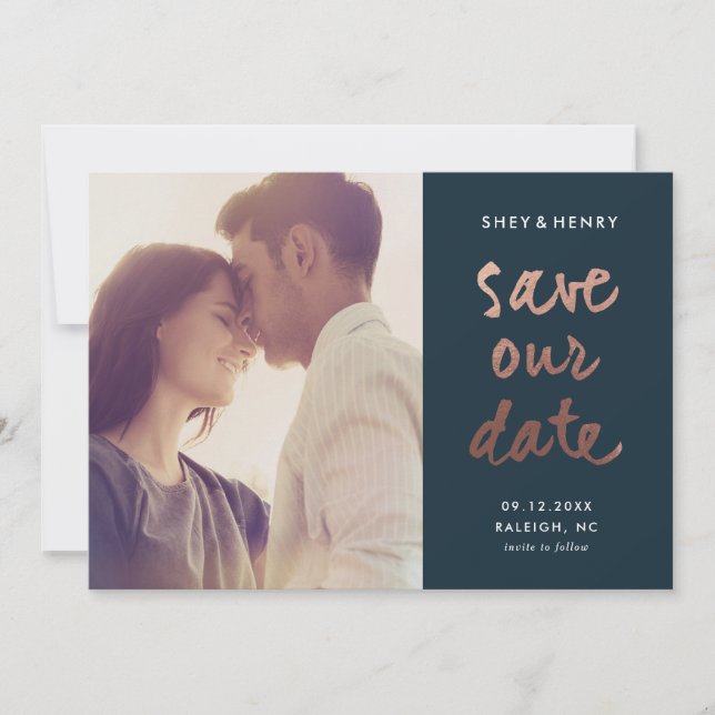 Modern rose gold script  save the date (Front)