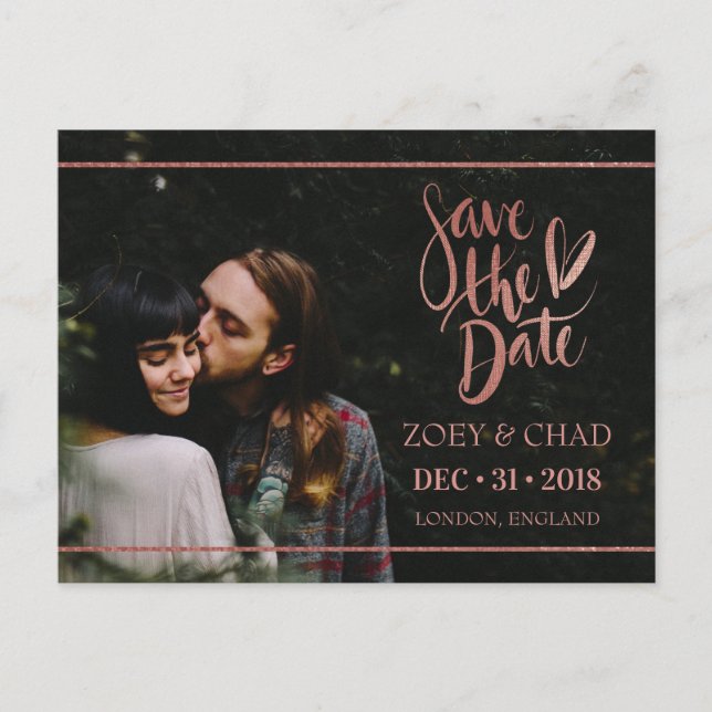 Modern Rose Gold Script Save the Date Postcard (Front)