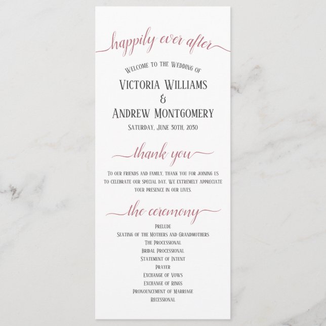 Modern Rose Gold Script Wedding Ceremony Program (Front)