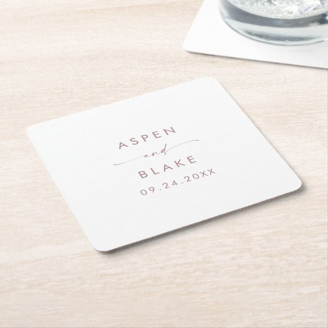 Modern Rose Gold Script Wedding Square Paper Coaster (Angled)