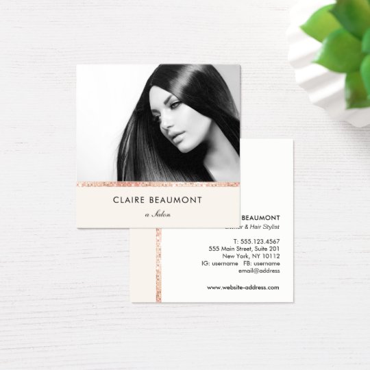 Modern Rose Gold Sequin Beauty Salon Photo Square Business Card