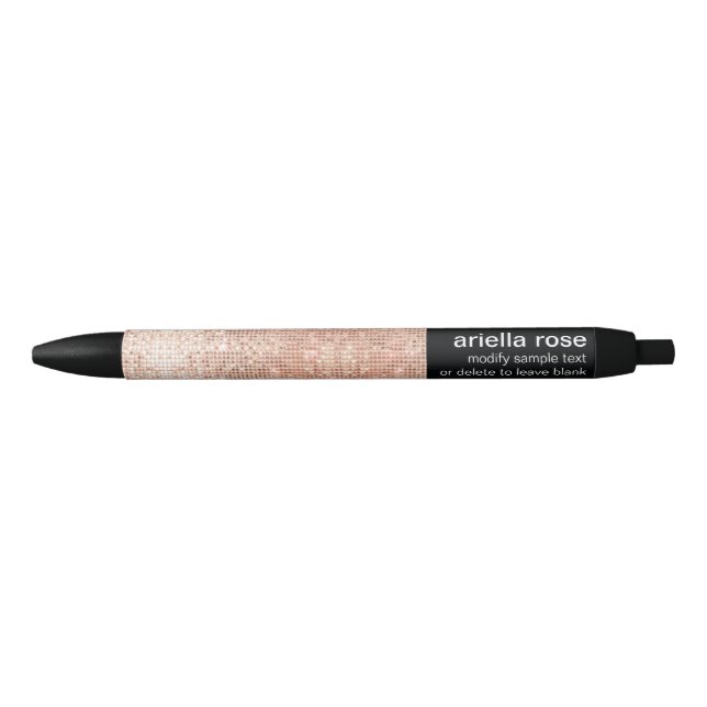 Modern Rose Gold Sequin Personalized Name Black Ink Pen (Front)