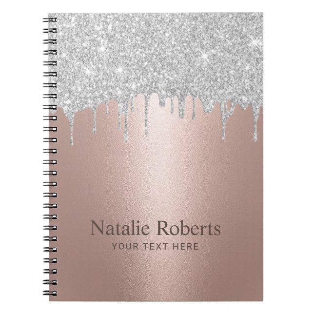 Modern Rose Gold Silver Glitter Drips Beauty Salon Notebook (Front)
