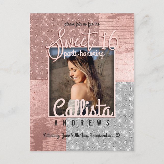 Modern Rose Gold Silver Glitter Photo Sweet 16 Invitation Postcard (Front)