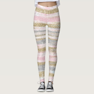 Modern Rose Gold Silver Glitter Strokes Stripes Leggings