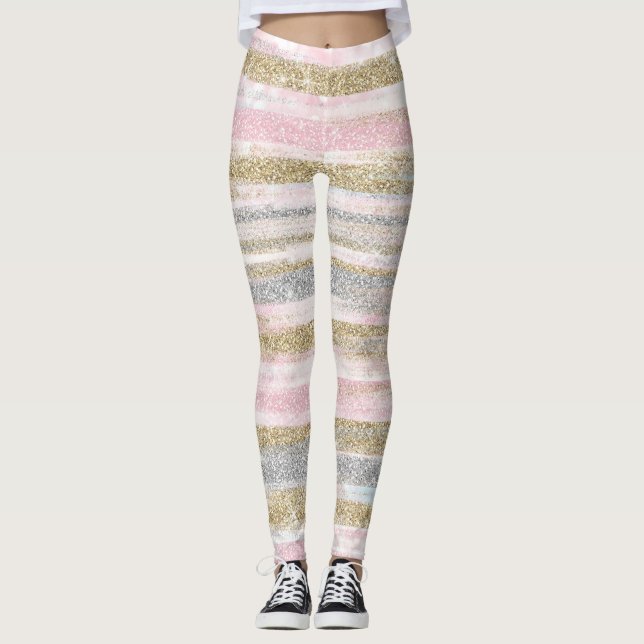 Modern Rose Gold Silver Glitter Strokes Stripes Leggings (Front)