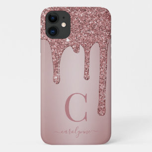 Modern Rose Gold Sparkle Glitter Drips Monogram iPhone 11 Case