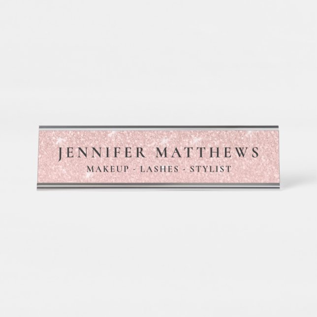 Modern Rose Gold Sparkle Glitter Makeup Desk Name Plate (Front)