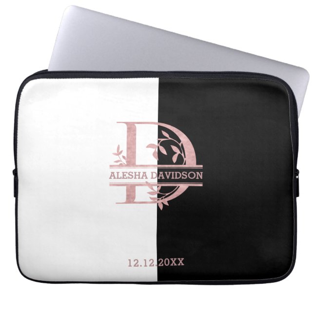 Modern Rose Gold Split Custom Monogram A, B, C, D Laptop Sleeve (Front)