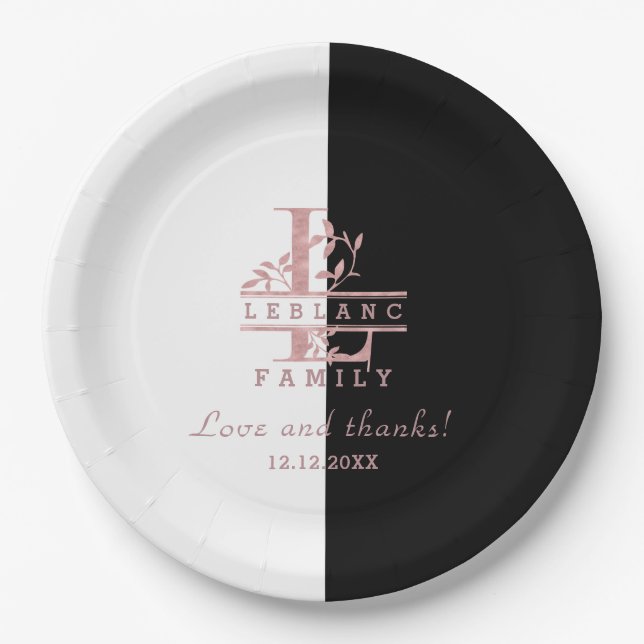 Modern Rose Gold Split Custom Monogram L Paper Plate (Front)
