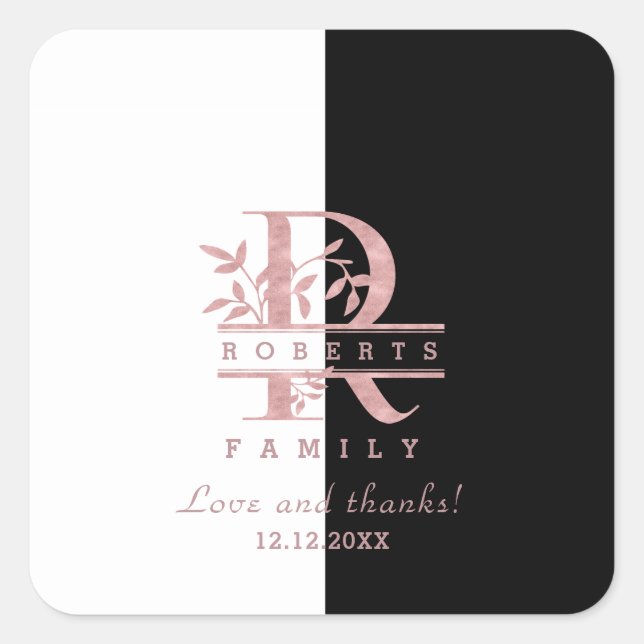 Modern Rose Gold Split Custom Monogram R Square Sticker (Front)