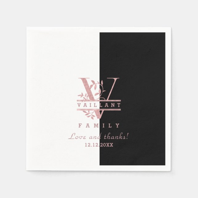 Modern Rose Gold Split Custom Monogram V Napkin (Front)