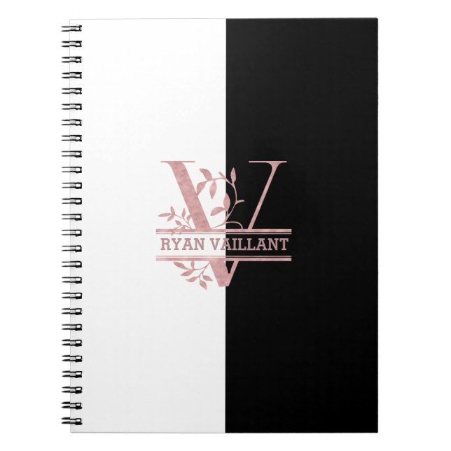 Modern Rose Gold Split Custom Monogram V Notebook (Front)