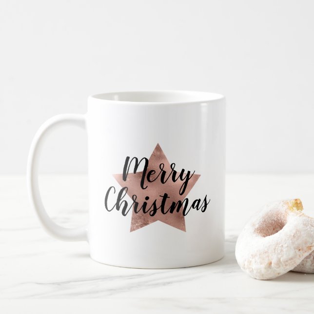 Modern Rose Gold Star Christmas Coffee Mug (With Donut)