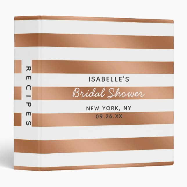 Modern Rose Gold Stripes Bridal Shower Recipe Card Binder (Front/Spine)